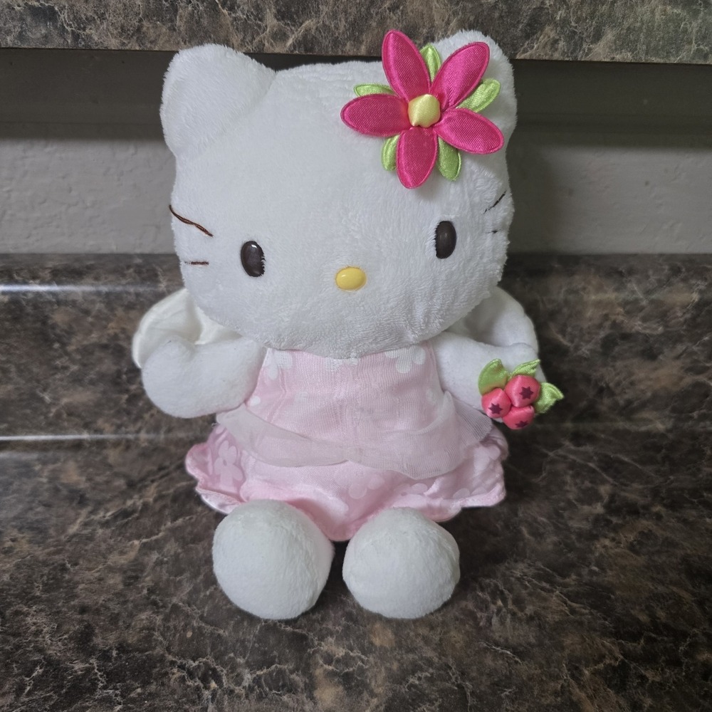 HELLO KITTY SANRIO 8" PLUSH STUFFED PINK WHITE‎ FLOWER DRESS